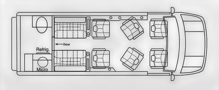 RV rental floor plan: Top-down view of a spacious van interior with multiple seats, convertible beds, refrigerator, and microwave.. Mercedes-Benz Sprinter 2024