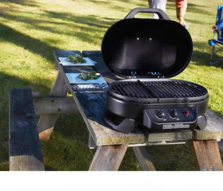 Portable grill on picnic table with salad, ideal for outdoor cooking. Perfect for your RV rental adventures!. Thor Sequence 2024