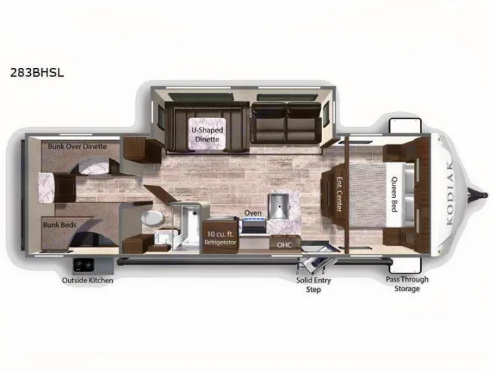 Kodiak 283BHSL RV rental floor plan showing queen bed, bunk beds, U-dinette, kitchen & outside kitchen. Ideal family layout.. Keystone Kodiak 2022