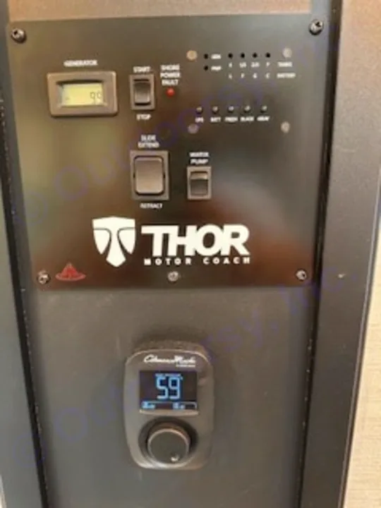 RV rental's main control panel showing generator (99 hours), slide-out controls, water pump, and thermostat set to 59.. Thor Coleman 2024