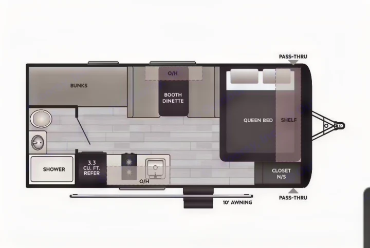 RV rental floor plan of a compact travel trailer. Features queen bed, bunks, dinette, kitchen, and shower for comfortable stays.. Keystone RV Keystone Hideout 175BH 2024