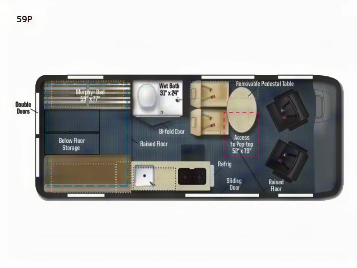 Compact RV rental floor plan showing a Murphy bed, wet bath, kitchen, dining area, and pop-top access.. Winnebago Solis 2024