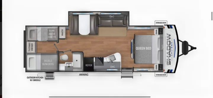 This RV rental floor plan shows a Shadow Cruiser travel trailer with queen bed, bunks, kitchen, and dinette.. Cruiser RV Shadow Cruiser 2021