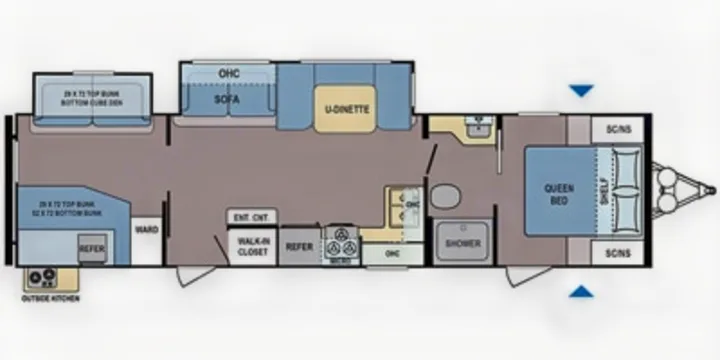 RV rental floor plan: Spacious layout with queen bed, bunks, U-dinette, kitchen, bath, and walk-in closet.. Dutchmen Coleman Light 2022