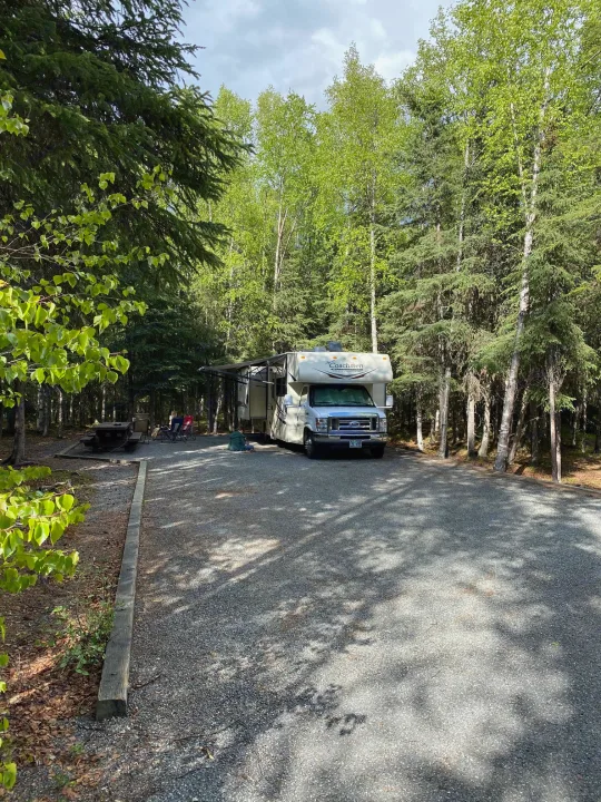 White RV rental parked on a gravel campsite amidst green forest trees, awning extended for a cozy outdoor setup.. Forest River Coachmen Freelander 2015
