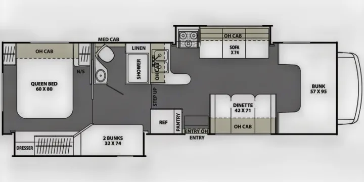 RV rental floor plan illustrating queen bed, multiple bunks, kitchen, bathroom, dinette, and sofa for family trips.. Forest River Coachmen Freelander 2015