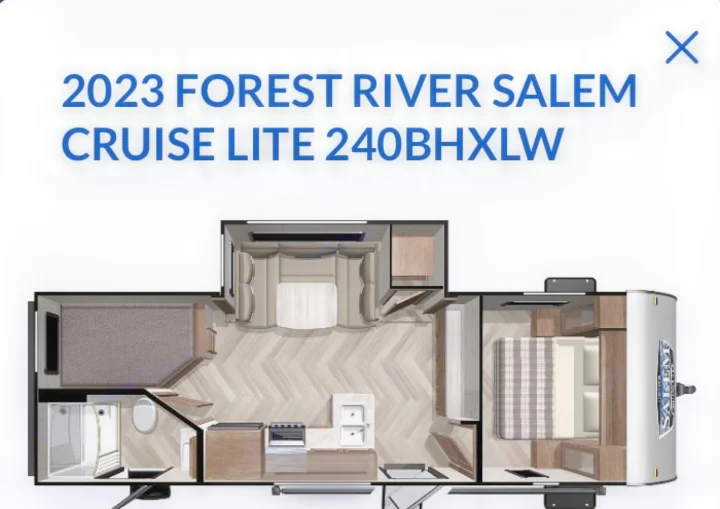Top-down floor plan of a 2023 Forest River Salem Cruise Lite 240BHXLW travel trailer RV rental, showing bedrooms, kitchen, bath.. Forest River Salem Cruise Lite 2023