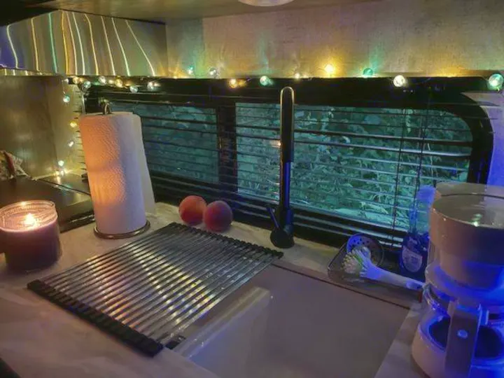 Cozy RV rental kitchen: sink, paper towels, fruit, coffee maker, and warm string lights create evening ambiance.. Forest River Wildwood X-Lite 2020