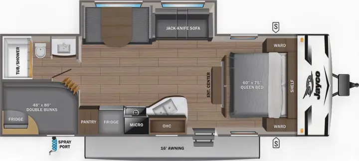 Detailed RV rental floor plan displays a spacious interior with queen bed, double bunks, kitchen, bathroom, and living area.. Jayco Jay Flight 261BHS 2024