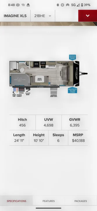 RV rental ready: Imagine XLS 21BHE travel trailer floor plan & specs, including layout, dimensions, and sleeping capacity for 6.. Grand Design Imagine XLS 2023