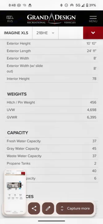 Detailed RV specifications for a travel trailer, including dimensions, weights, and water capacities, useful for RV rental planning.. Grand Design Imagine XLS 2023