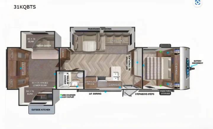 Explore this 31KQBTS rv rental floor plan: bunks, Versa-Queen bed, full kitchen, walk-in shower, and outdoor kitchen.. Forest River Salem Platinum 2023