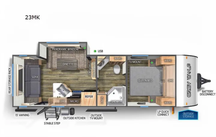 Detailed 23MK Grey Wolf RV rental floorplan, illustrating the queen bed, dinette, kitchen, & bathroom layout.. Greywolf 23MK 2022