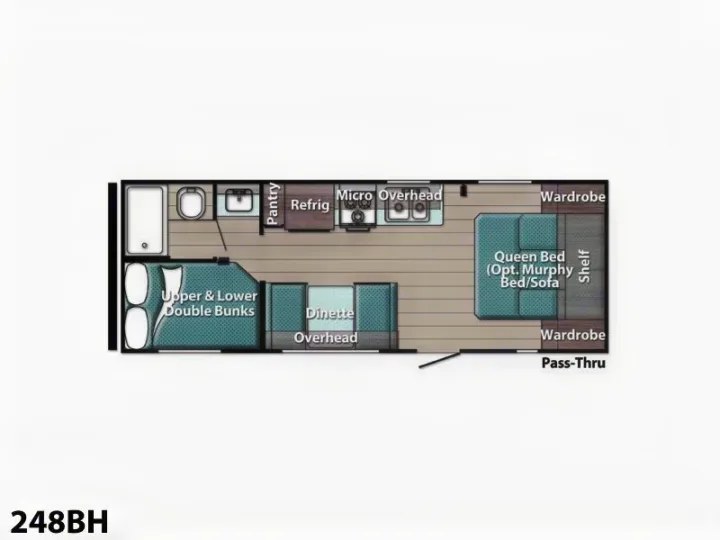 This RV rental floor plan (248BH) highlights a travel trailer's layout, featuring bunks, queen bed, kitchen, and bathroom.. Gulf Stream Ameri-Lite 2022