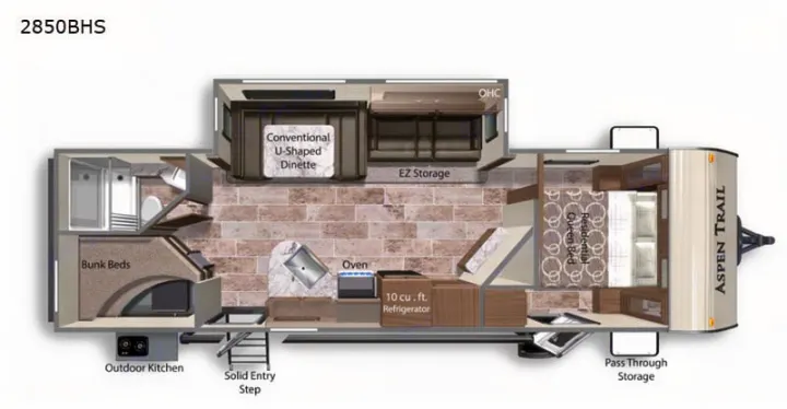 RV rental: Aspen Trail 2850BHS travel trailer floor plan with queen bed, bunk beds, kitchen, and bathroom.. Aspen Trail Aspen Trail Trailer 2021