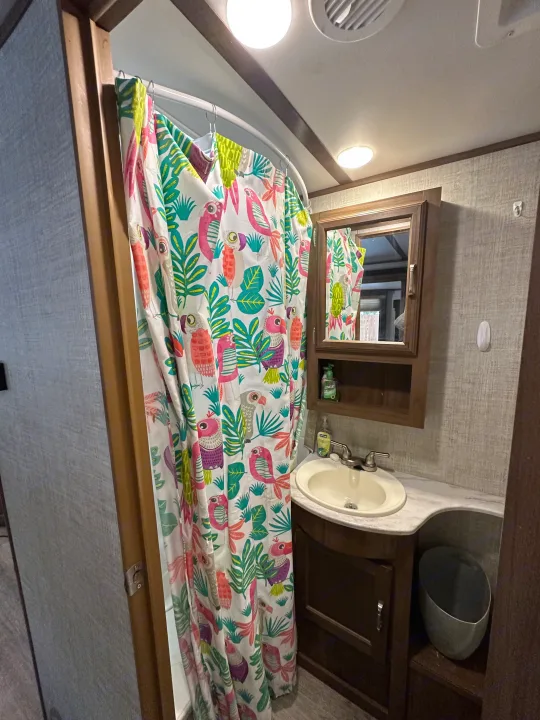 Inside an RV rental bathroom, featuring a vibrant parrot shower curtain, sink vanity, and mirror cabinet.. Gulf Stream Envision 2020