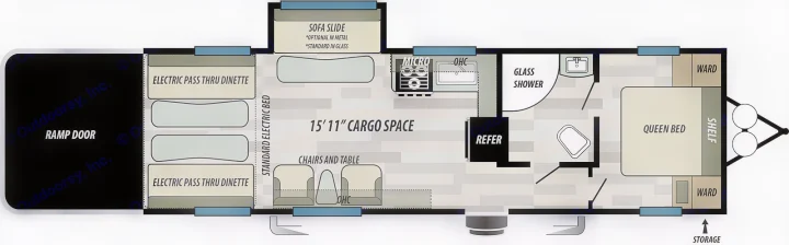 RV rental floor plan of a toy hauler, featuring a 15'11" cargo space, queen bed, kitchen, bath, and seating areas.. Forest River Stealth 2021