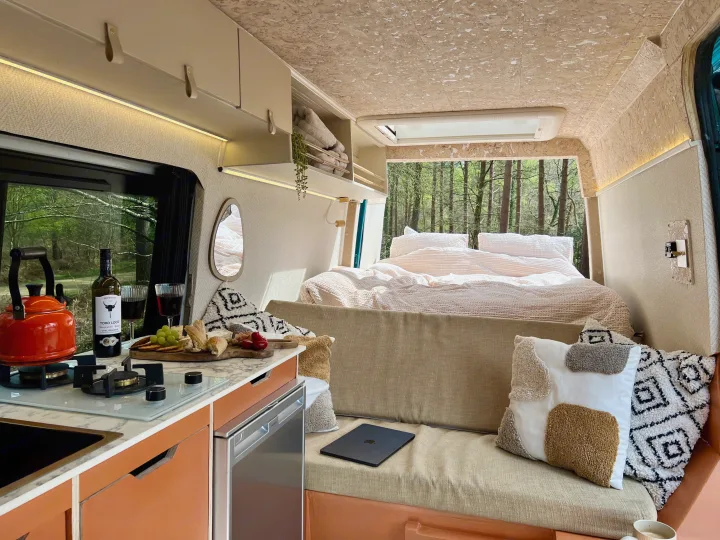 A modern RV rental interior featuring a compact kitchen, comfy bed, and plush seating, all with scenic forest views.. Mercedes-Benz Sprinter 2016