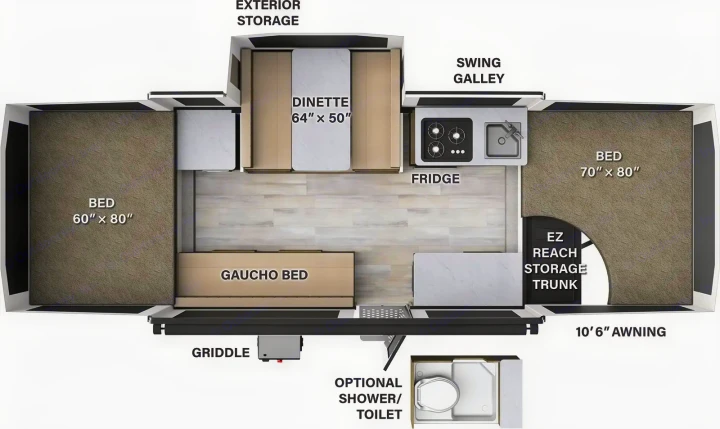 RV rental floor plan shows beds, dinette, kitchen, and storage, detailing a versatile camper layout.. Forest River Rockwood ESP 2023