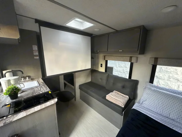 RV rental interior shows a compact kitchenette with appliances, large pull-down screen, sofa, and bed, designed for efficient travel living.. Forest River Ozark 2024