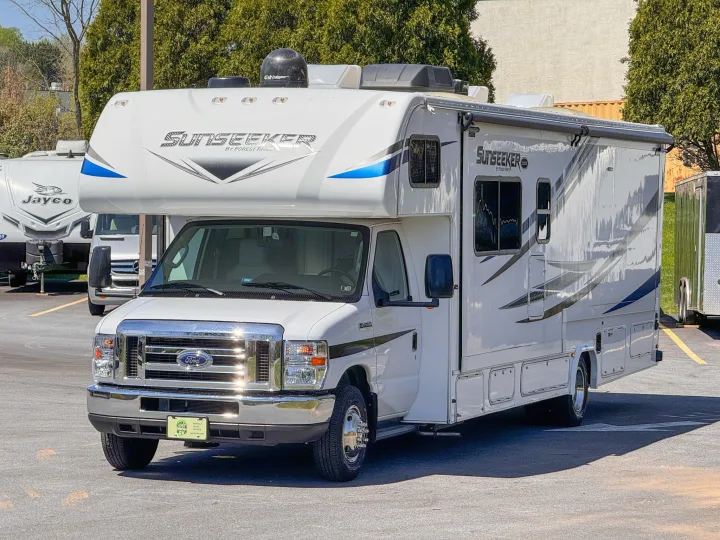 A pristine white Sunseeker RV rental, a Class C motorhome built on a Ford chassis, awaits your next adventure.. Forest River Sunseeker 2021