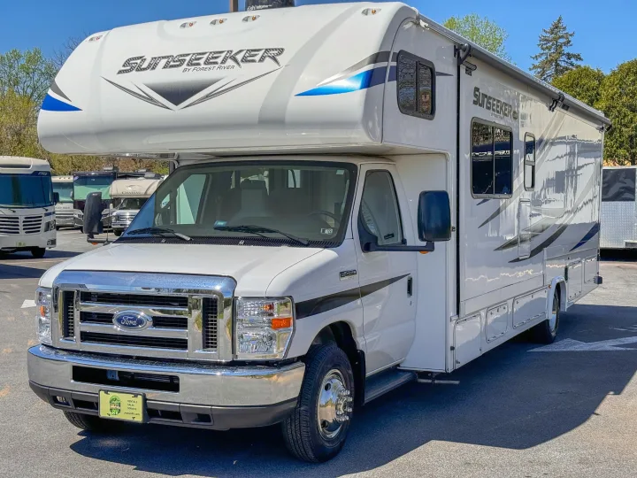 White Sunseeker Class C RV rental. This Forest River motorhome, on a Ford chassis, awaits your next adventure.. Forest River Sunseeker 2021