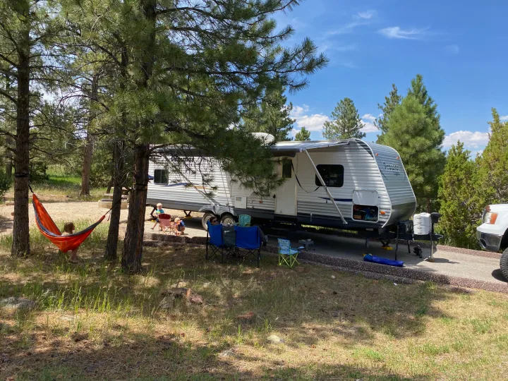 Enjoying an RV rental family camping trip under sunny skies, with kids playing and relaxing in a hammock amidst pine trees.. Heartland RVs 30LX 2014