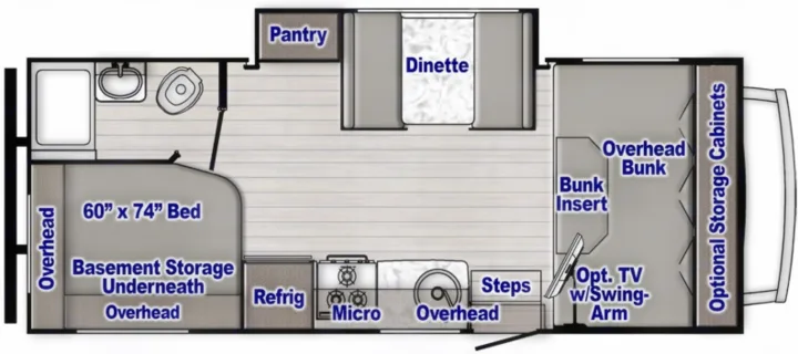 RV rental floor plan detailing its compact interior: bed, kitchen, bath, dinette, and bunk. Ideal for travel.. Gulf Stream Conquest 2023
