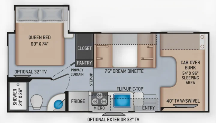 RV rental floor plan: A detailed layout for an RV featuring a queen bed, dinette, kitchen, and cab-over bunk.. Thor Motor Coach Chateau 2017