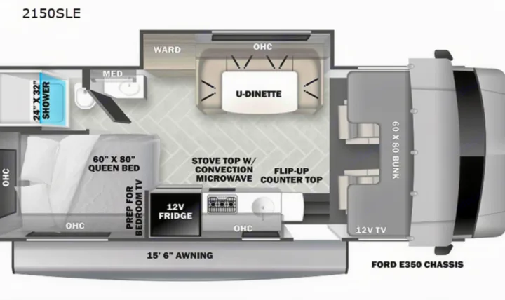 This RV rental floor plan, model 2150SLE, features a queen bed, U-dinette, kitchen, shower, and bunk, on a Ford E350 chassis.. Forest River Sunseeker LE 2023