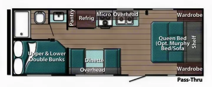 RV rental floor plan: Bunks, queen bed, dinette, kitchen, and bathroom. This travel trailer layout offers great amenities & storage.. Gulf Stream Friendship 2022