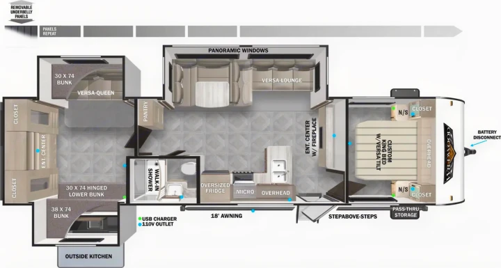 RV rental travel trailer floorplan: See the spacious interior layout with bunk beds, king bed, full kitchen, & versatile living.. Forest River Wildwood 2024