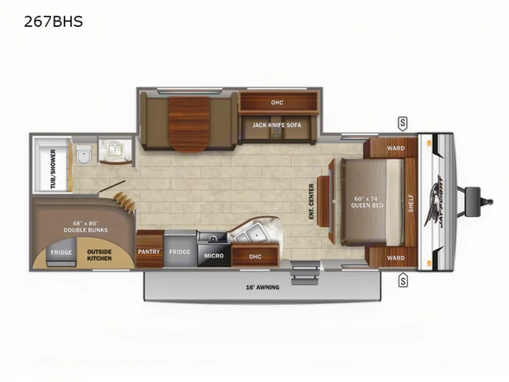 Detailed RV rental floor plan of a Jay Flight 267BHS.. Jayco Jay Flight SLX Rocky Mountain Edition 2022