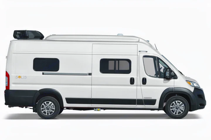 Side view of a white Winnebago Solis camper van, ideal for your next RV rental adventure.. Winnebago Solis PX 2025