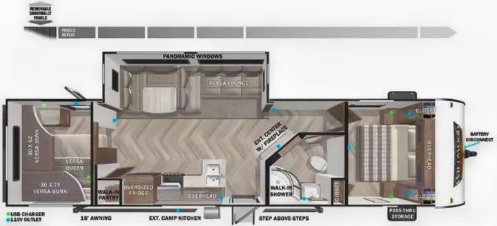 RV rental floor plan: Spacious travel trailer layout with bunk beds, Versa Lounge, full kitchen, and master bedroom.. Forest River Wildwood 2021