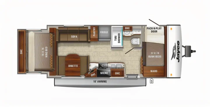 RV rental floor plan showcasing a Jayco travel trailer with a king bed, bunks, and full amenities.. Jayco X213 2016