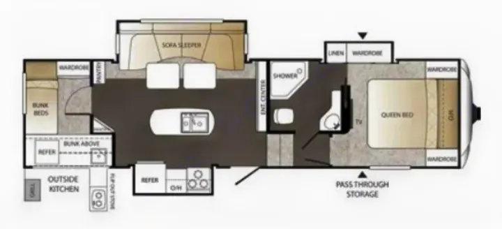 RV floor plan for your rv rental: queen bed, bunks, kitchen, and bath layouts for optimal space.. Keystone Outback 2016