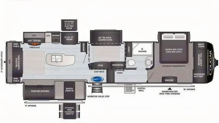 Detailed RV rental floor plan, showcasing the interior layout with living, kitchen, bath, and master bedroom areas.. Keystone Cougar 2021