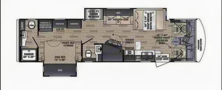 This RV rental floor plan displays a spacious motorhome interior with king bed, dinette, theater seats, kitchen, and bath.. FR3 FR3 Motorhome 2023