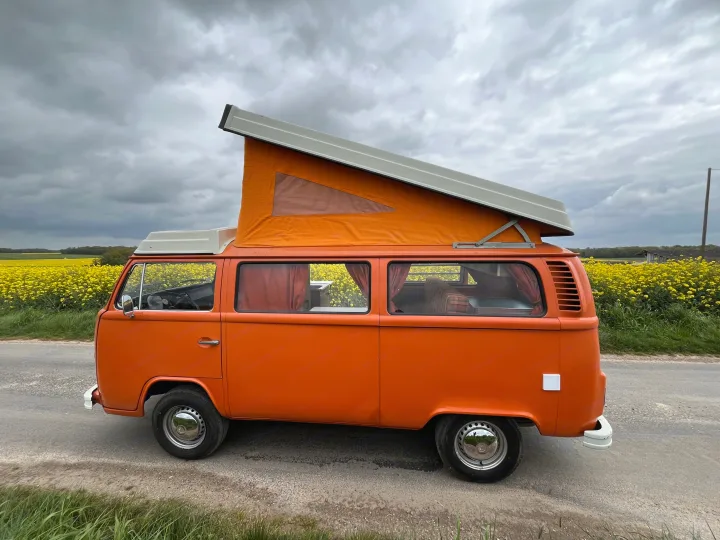 Vibrant orange vintage VW camper van with pop-top roof, parked by a field of bright yellow flowers. Perfect for an RV rental!. Volkswagen westfalia 1978