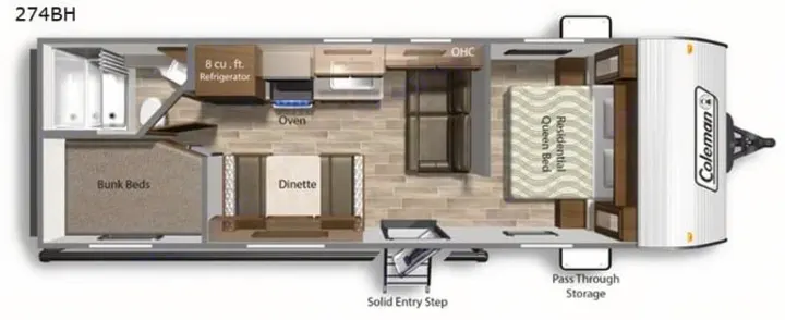 Explore this 274BH travel trailer RV rental floor plan: bunk beds, queen bed, dinette, kitchen, and bathroom layout.. Dutchmen Coleman 420LH 2020