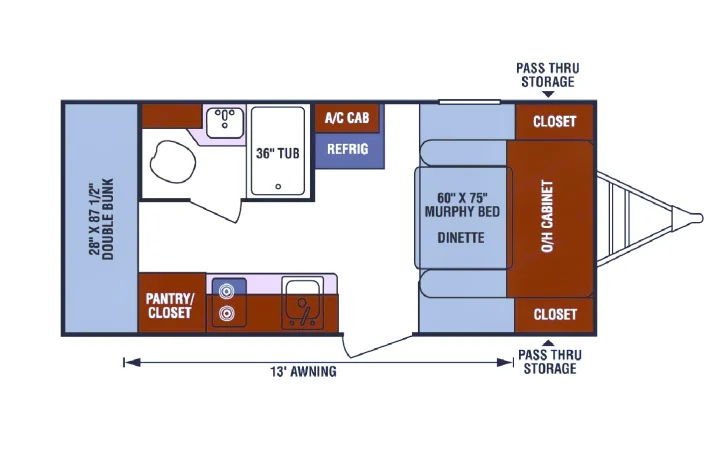 RV rental interior floor plan: Murphy bed, double bunk, kitchen, bath, storage, and 13' awning layout.. Sonic Lite 2016