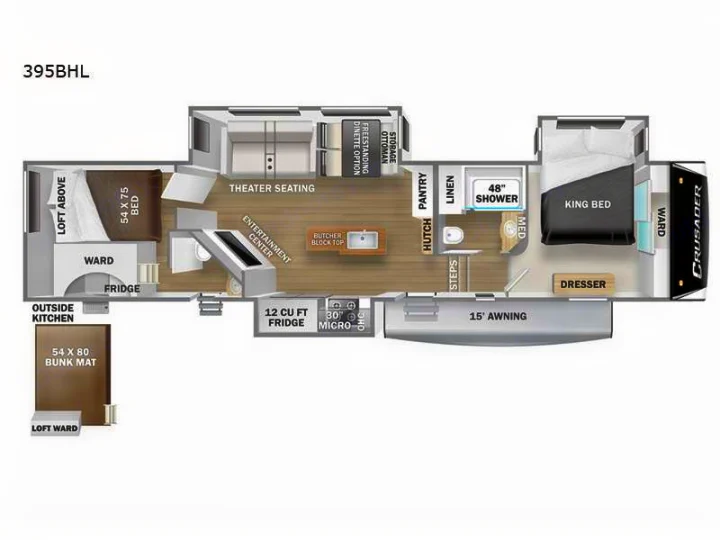 Explore this 395BHL RV rental floor plan, featuring a king bed, bunk room, full kitchen, theater seating, and outside kitchen.. Crusader Crusader Fifth Wheel 2022