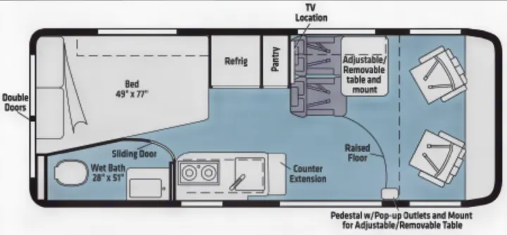 RV rental floor plan: A compact interior featuring a bed (49"x77"), wet bath, kitchen, and flexible dining/work area.. Winnebago Travato 2015