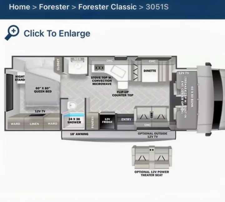 Detailed RV rental floor plan for the Forester 3051S motorhome. It shows the interior layout with queen bed, kitchen, dinette, and bunk.. Forest River 3051S Ford 2017