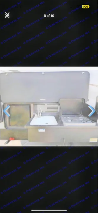 An RV rental's exterior kitchen, complete with a sink, two-burner cooktop, and small refrigerator.. Cruiser RV MPG Ultra Lite 2019