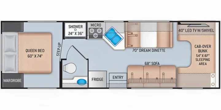 RV rental floor plan: Queen bed, dinette, sofa, and cab-over bunk. Kitchen, shower, and toilet complete this spacious layout.. Thor Motor Coach Four Winds 2014