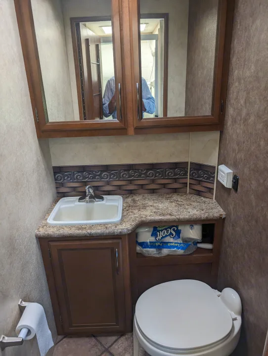 RV rental bathroom interior with a white sink, toilet, mirrored cabinet, and toilet paper storage.. Thor Motor Coach Four Winds 2014