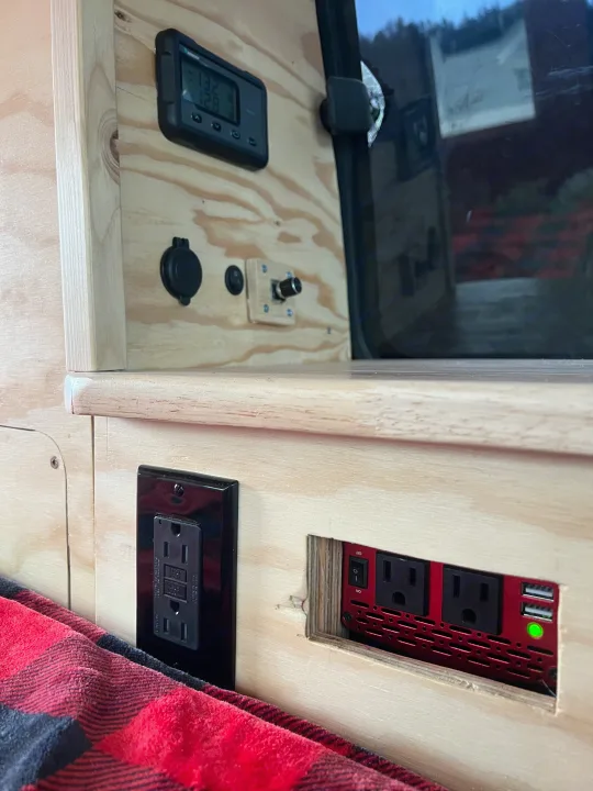 RV rental interior: custom power system with Renogy monitor, inverter, and outlets for off-grid power.. Gmc Savanna 2010