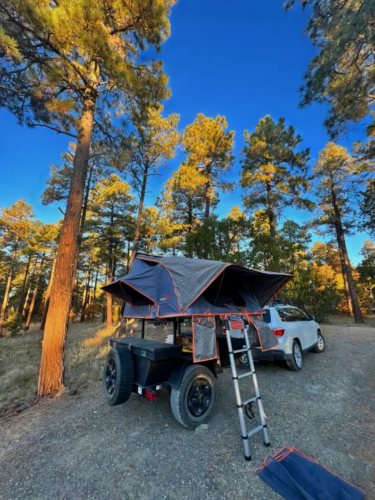 A gray rooftop tent on a utility trailer, with a ladder, is set up next to a white SUV in a sunny forest. Great for rv rental adventures.. Ady ORT 2022